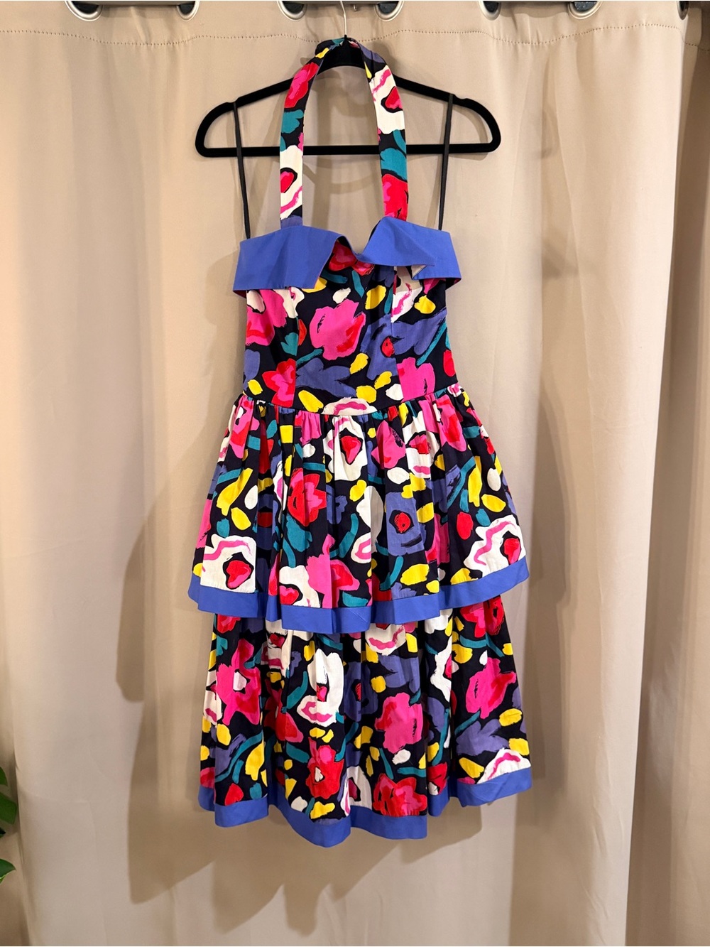 Vintage 80’s Misty Lane Floral Halter Tiered Dress - Blue Trim